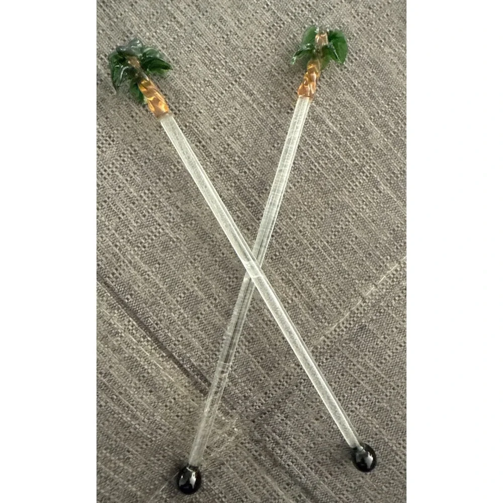 2 Glass Highball Drink Swizzle Stick Stirrers With PALM TREE‎ Tops 8 Inches